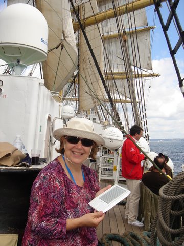 Reading Kindle on Tall Ship Kruzenschtern Reading Kindle on Tall Ship Kruzenschtern